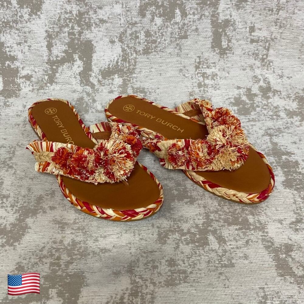 Tory Burch Raffia Thong Flat Sandals in Red